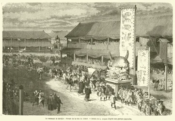 De matsouri van Miodjin, parade van het demonenhoofd