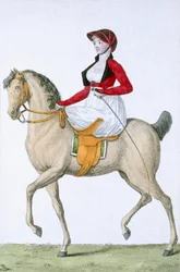 Dame die zijwaarts rijdt, uit Costumes Parisien, gepubliceerd in Journal des Dames et des Modes, 1798