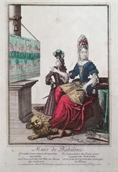 Dame toont een afbeelding van Semiramis en de Hangende Tuinen van Babylon