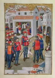 De Ridders van St. Jan van Jeruzalem bereiden zich voor om Rhodos te verdedigen, uit A History of the Siege of Rhodes, door Guillaume Caoursin, 1483