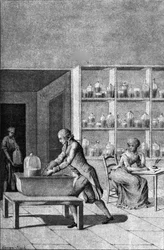 Lavoisier in zijn laboratorium in het Arsenal, demonstrerend een experiment over ademhaling, 18e eeuw
