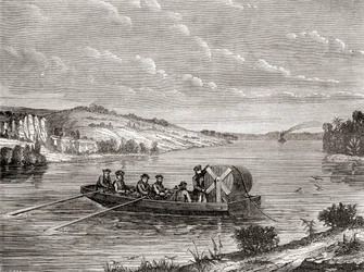 Het leggen van een telegraafkabel onder een Amerikaanse rivier ca. 1860, uit Les Merveilles de la Science, gepubliceerd ca. 1870