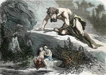 De Cycloop Polyphemus verrast Galatea en Acis (gravure) 1864