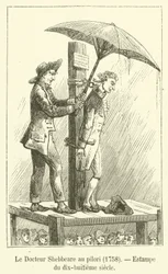 Dokter Shebbeare aan de schandpaal, 1758, prent uit de achttiende eeuw