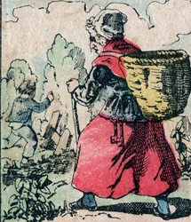 Le Pere Fouettard, Franse figuur voor de geselende vader, legendarische figuur uit de folklore die stoute kinderen straft: zijn vrouw, La Mere Fouettard de geselende moeder die kinderen achtervolgt die spijbelen - Epinal afbeelding