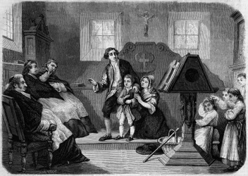 Le Salon de 1857 - Eerste debuut van Lesueur, componist van muziek, door Laurent Detouche. Jean Francois Lesueur (1760-1837), als koorknaap. Gravure in "Le Monde Illustré" n°22 van 12 september 1857.