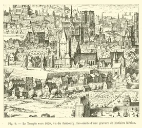 De Tempel rond 1620, gezien vanaf de voorstad, facsimile van een gravure van Mathieu Merian