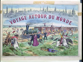 Le Voyage Autour du Monde, doosdeksel voor een spel gebaseerd op De reis om de wereld in 80 dagen van Jules Verne (1828-1905)
