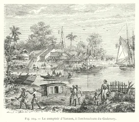 De handelspost van Yanaon, aan de monding van de Godavery (gravure)