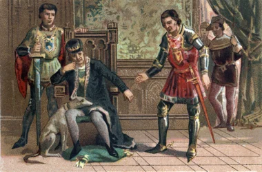 Liga van het Openbaar Goed: Koning Lodewijk XI ontmoet Karel de Stoute in Peronne, Hertog van Bourgondië. Chromolithografie rond 1890.