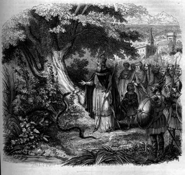 Legende van Karel de Grote en de slang: de keizer voor het nest van de slang bezet door een pad. Gravure uit 1852.