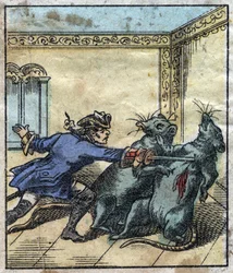 Lemuel Gulliver vecht tegen ratten in het land van de reuzen van Brobdingnag. Illustratie voor "Gulliver