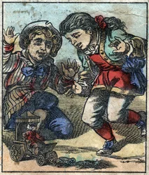 Lemuel Gulliver wordt gebruikt als speelgoed door de reuzenkinderen van Brobdingnag. Illustratie voor Gulliver