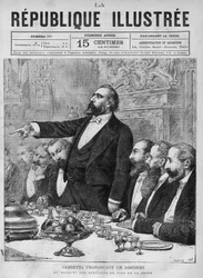 Leon Gambetta (1838-1882) geeft een toespraak op het banket van de wijnverkopers van de Seine. Gravure uit 1880 in "La republique illustree" privécollectie.