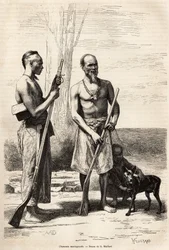 De bergjagers van het eiland Formosa, gravure naar een tekening van D. Maillard, ter illustratie van de reis naar China, door J. Thompson, in 1870-1872, gepubliceerd in Le tour du monde, 1875, onder redactie van Edouard Charton, Hachette editie, Parijs. Se