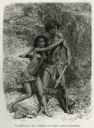 De vluchtende aboriginals, gravure naar een tekening van D. Maillart, ter illustratie van het verhaal zes maanden in Australië, door Désiré Charnay, een missieopdracht van het Ministerie van Openbaar Onderwijs, in 1878, gepubliceerd in de tour du monde, on