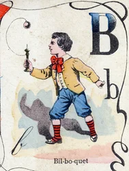 Letter B: Bilboquet. Gravure in "ABC des joux pour petits boys". Beeldvorming van Pont-a-Mousson, Louis Vagne, drukker-uitgever, eind 19e eeuw. Afm: 32,5x25 cm