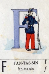 Letter F als infanterist. Militair alfabet. Beeldvorming van Epinal, circa 1870-1880. Stencil-gekleurde houtsneden