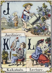 Letter J, K en L: tuinman, kakatoes en lezen. Recreatief alfabet. Epinal beeld, circa 1880