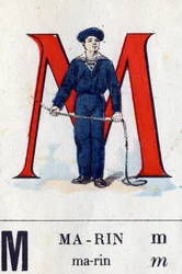 Letter M als Marin. Militair alfabet. Beeldvorming van Epinal, circa 1870-1880. Stencil-gekleurde houtsneden