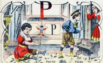 Letter P: Pantin Piano. Gravure in "ABC des joux pour petits boys". Beeldvorming van Pont-a-Mousson, Louis Vagne, drukker-uitgever, eind 19e eeuw. Afm: 32,5x25 cm