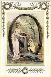 Letter Q die een moeder en haar zoon voorstelt die water drinken uit de bron, eind 19e eeuw (chromolithografie)