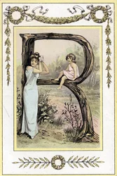 Letter R die een moeder en dochter voorstelt, eind 19e eeuw (chromolithografie)