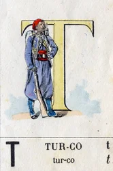 Letter T zoals turco. Militaire alfabet. Beeld van Epinal, circa 1870-1880