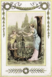 Brief die een moeder en dochter voorstelt, eind 19e eeuw (chromolithografie)