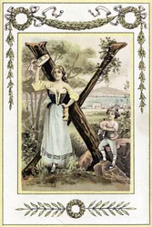 Brief die een moeder met een pauk en haar zoon als herder met een doedelzak voorstelt, eind 19e eeuw (chromolithografie)