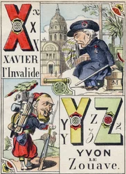 Letters X Y Z: Xavier de invalide en Yvon de Zouaaf. Gravure in "Comic Military Alphabet". Vijfde serie. Epinal beeld, eind 19e eeuw