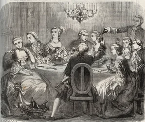 Libertinage: Christian VII (1749-1808), Koning van Denemarken en Noorwegen, tijdens een libertijns feest georganiseerd door de danseres Marie Madeleine Guimard (1743-1816) in haar huis in Pantin. Gravure uit 1871 in 