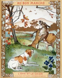 De ezel en de hond, fabel van La Fontaine - reclame-etiket van Bon Marché