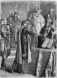 Lotharius II (825-869) legde de eed af op het evangelie voor paus Adrianus II in Rome in 869. Gravure in 