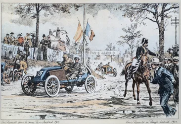 Louis Renault rijdt in de Parijs naar Madrid race van 1903, ca. 1903