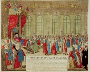 Lodewijk XIV (1638-1715) ontvangt de Perzische ambassadeur Mohammed Reza Beg in de Spiegelzaal van Versailles, 19 februari 1715