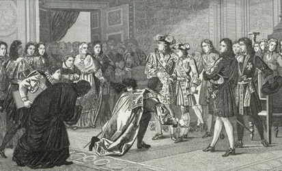 Lodewijk XIV (1638-1715) de Zonnekoning presenteert zijn kleinzoon Filips V (1683-1746) aan de Spaanse gezanten, uit 