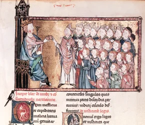 Lodewijk X (1289-1316) de Koppige geeft het handvest aan de Normandiërs, uit Le Grand Coutumier de Normandie, ca. 1340