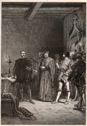 Louis de Berquin (1485-1529), ridder en humanist, religieus hervormer, bevrijd door Jean de la Barre (1523-1533) prévôt van Parijs - Louis de Berquin (links) vrijgelaten uit de gevangenis door John de la Barre - gravure uit 