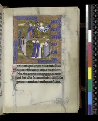 MS 300 f.107r, David bidt tot God (boven), twee geestelijken (onder), uit het Psalter en de Getijden van Isabella van Frankrijk, Parijs, ca. 1265-70 (pen en inkt en tempera op perkament)