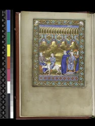 MS 300 f.Vv, David, op de troon, stuurt Salomo naar Sadoc en Nathan die hem kronen en zalven, uit het Psalter en de Getijden van Isabella van Frankrijk, Parijs, c.1265-70