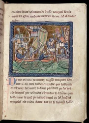 MS Marlay Add 1, fol. 86: Tekstpagina met een miniatuur van een zeeslag, uit De Re Militari, ca. 1270