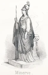 M Minerve: Godin uit het hoofd van Jupiter, gewapend met voet in cape en speer in hand. Onder de naam Minerva was ze godin van wijsheid en onder de naam Pallas was ze godin van oorlog