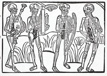 Macabere dans - skeletten van muzikanten in een orkest