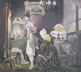 Dienstmeid die haar meesteres helpt bij het aankleden in vulling voor borsten en billen, c.1830
