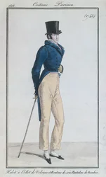 Mannenkostuum met fluwelen kraag, zijden knopen en nankeenbroek, 1816