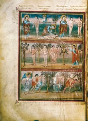 Manuscriptpagina met episodes uit het leven van Adam en Eva: schepping van Adam en Eva. De erfzonde. Verdrijving uit het Paradijs (miniatuur)