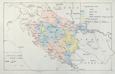 Kaart van Bosnië met details van de gebieden bezet door etnische minderheidsgroepen, 1910
