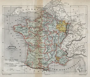 Kaart van Frankrijk bij de dood van Lodewijk XIV in 1715. Prent in Geschiedenis van Frankrijk van Victor Duruy (1811-1894), 1882