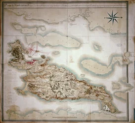 Kaart van Rhode Island ten tijde van de bezetting 1780-81 door het Franse leger op bevel van Jean-Baptiste de Vimeur, graaf van Rochambeau